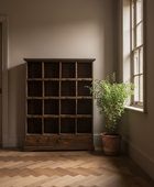 A tall dark wood shelving unit with multiple empty cubby compartments stands in a room corner beside a window and potted green plant. The space has warm neutral walls, a wood herringbone floor, and soft natural light coming from the window.