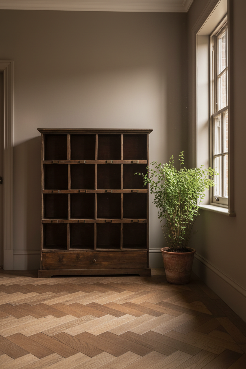 A tall dark wood shelving unit with multiple empty cubby compartments stands in a room corner beside a window and potted green plant. The space has warm neutral walls, a wood herringbone floor, and soft natural light coming from the window.