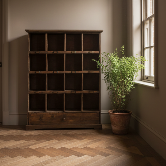 A tall dark wood cabinet with multiple open cubbies and a small drawer at the bottom, placed in a room with a herringbone wood floor, beige walls, and a potted plant beside a window.