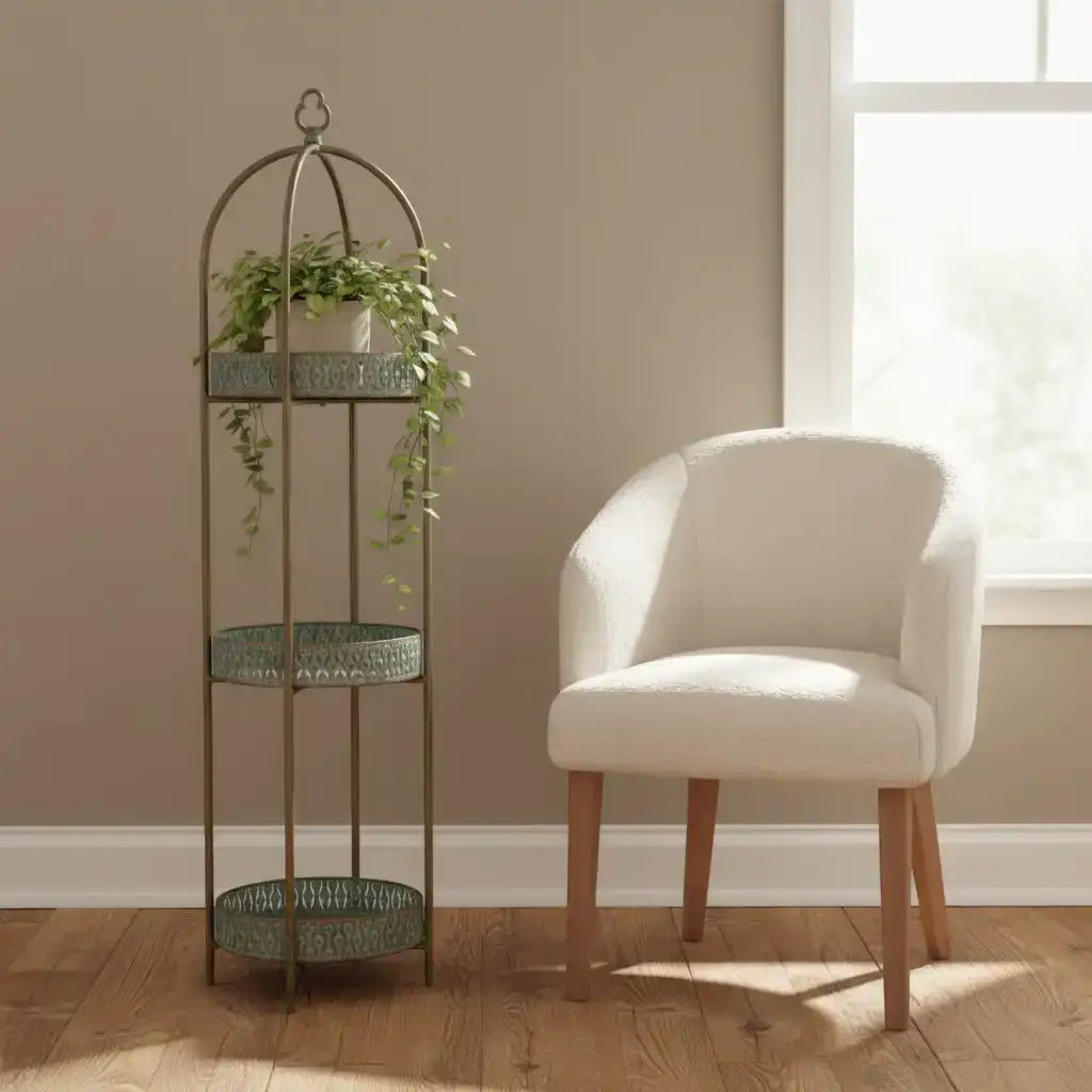 Decorative plant stand with a chair in a room with a window.