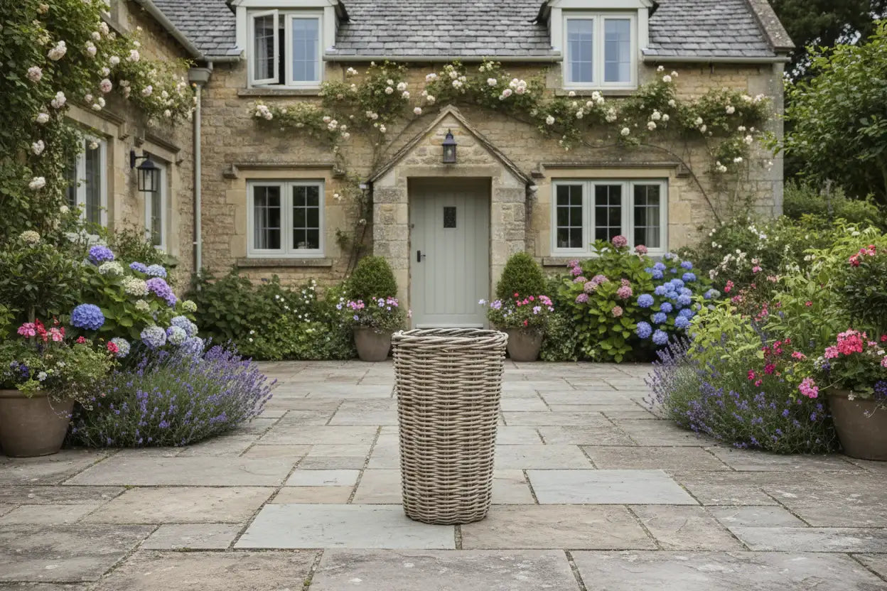 Cottage with decorative flowers and a wicker basket on a stone patio
