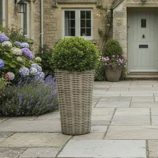 Tall wicker planter with a green bush in front of a stone building with a door and windows.