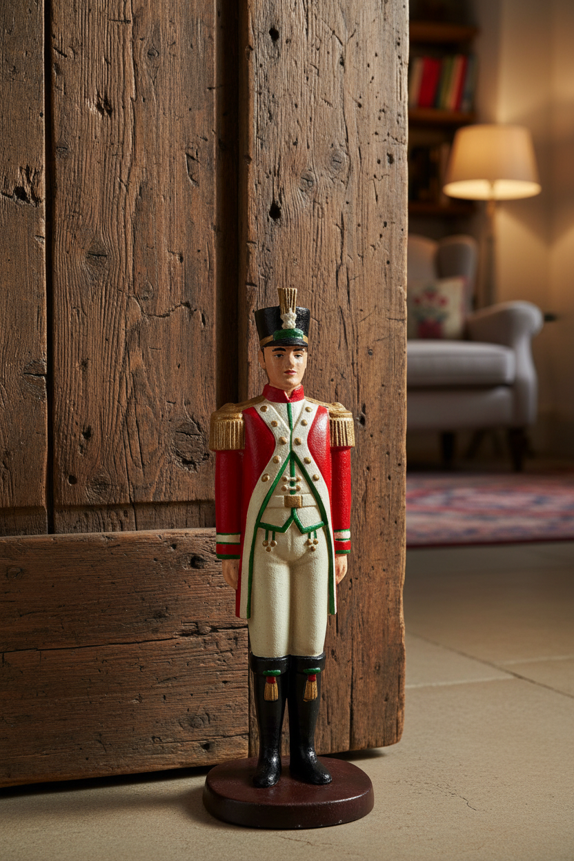 Figurine of a soldier in uniform standing against a wooden wall.