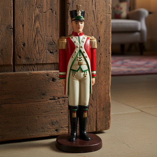 Decorative figurine of a soldier in uniform standing against a wooden wall.