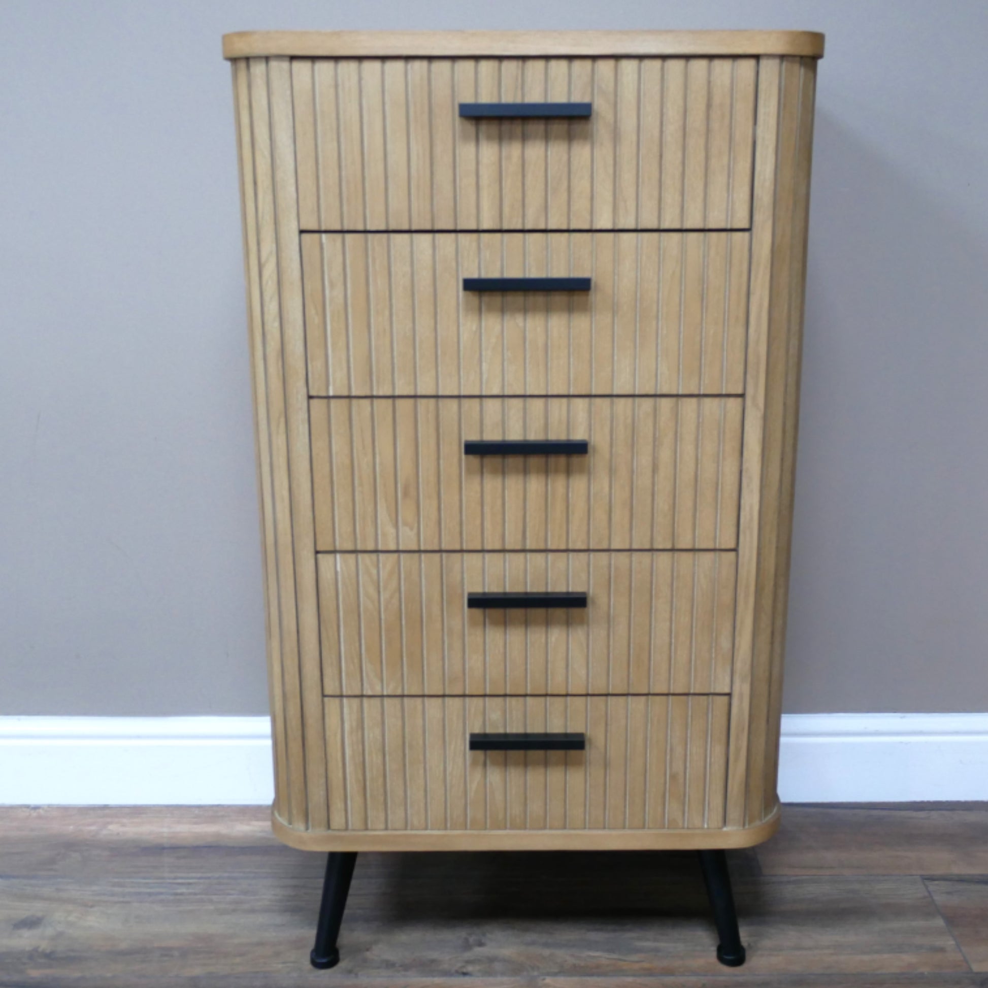 Tall Slatted Wood 5 Drawer Cabinet
