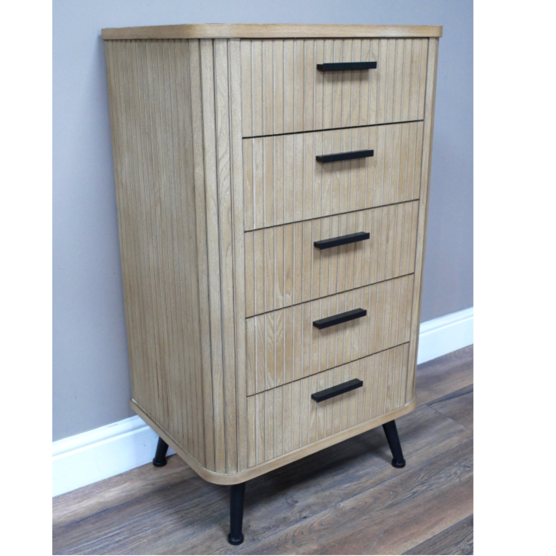 Tall Slatted Wood 5 Drawer Cabinet