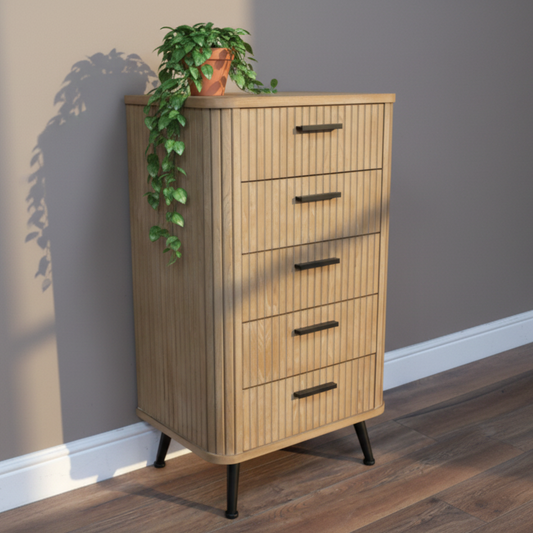 Tall Slatted Wood 5 Drawer Cabinet