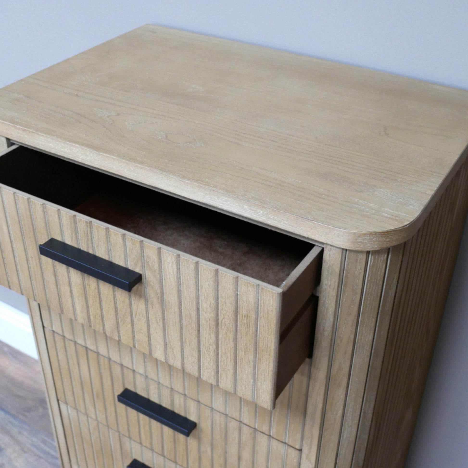 Tall Slatted Wood 5 Drawer Cabinet