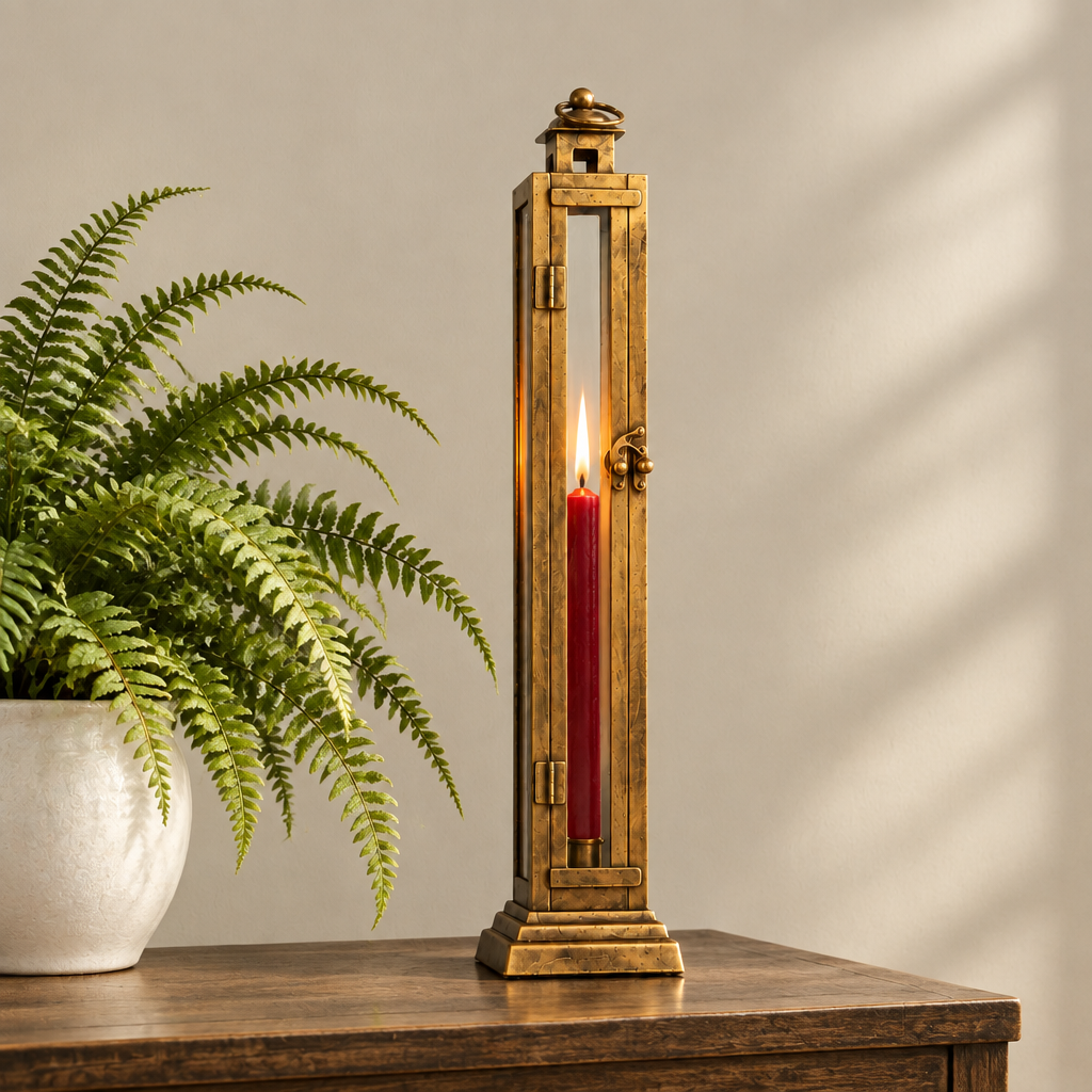 Tall Slim Antique Brass Candle Lantern