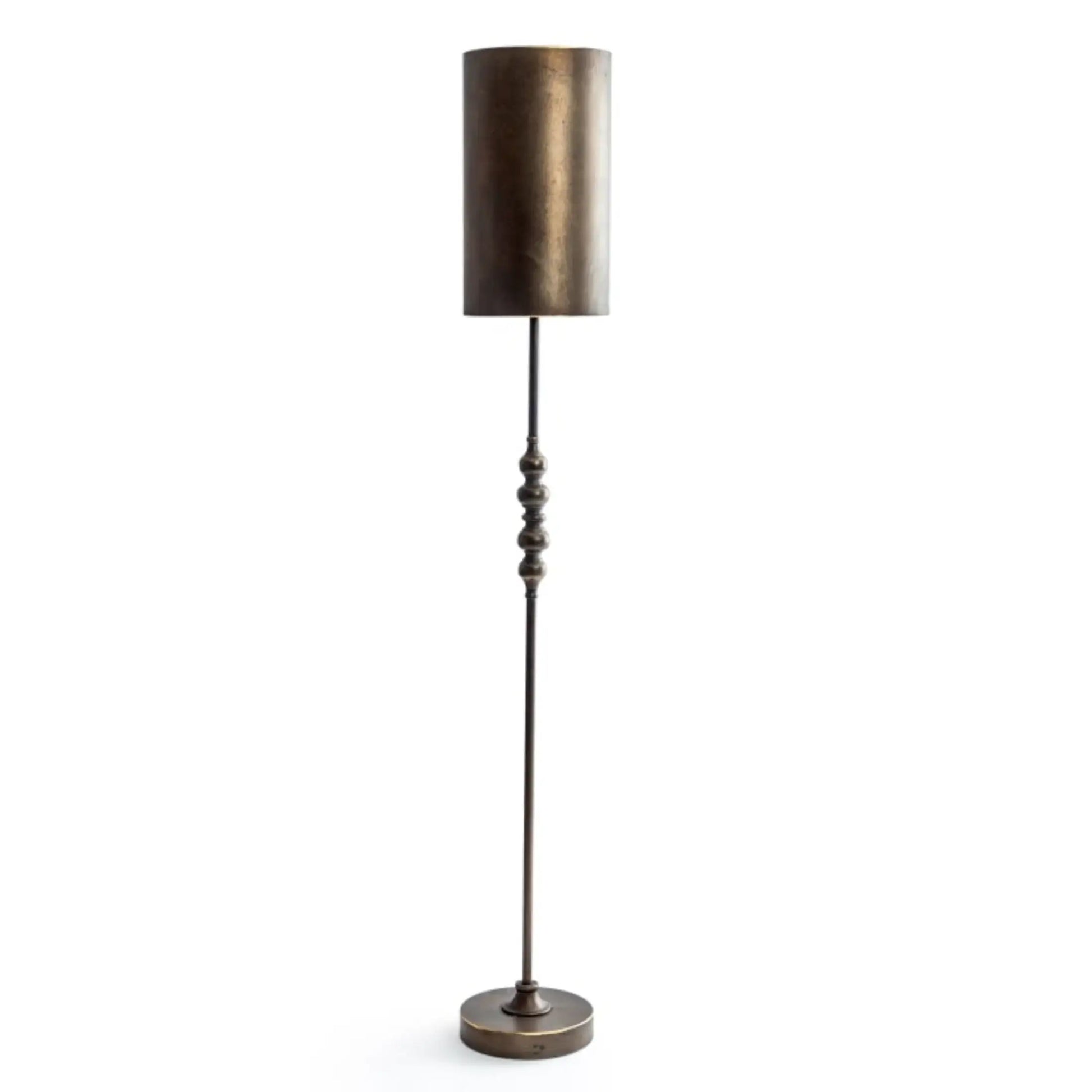Bronze floor lamp with a cylindrical shade on a white background