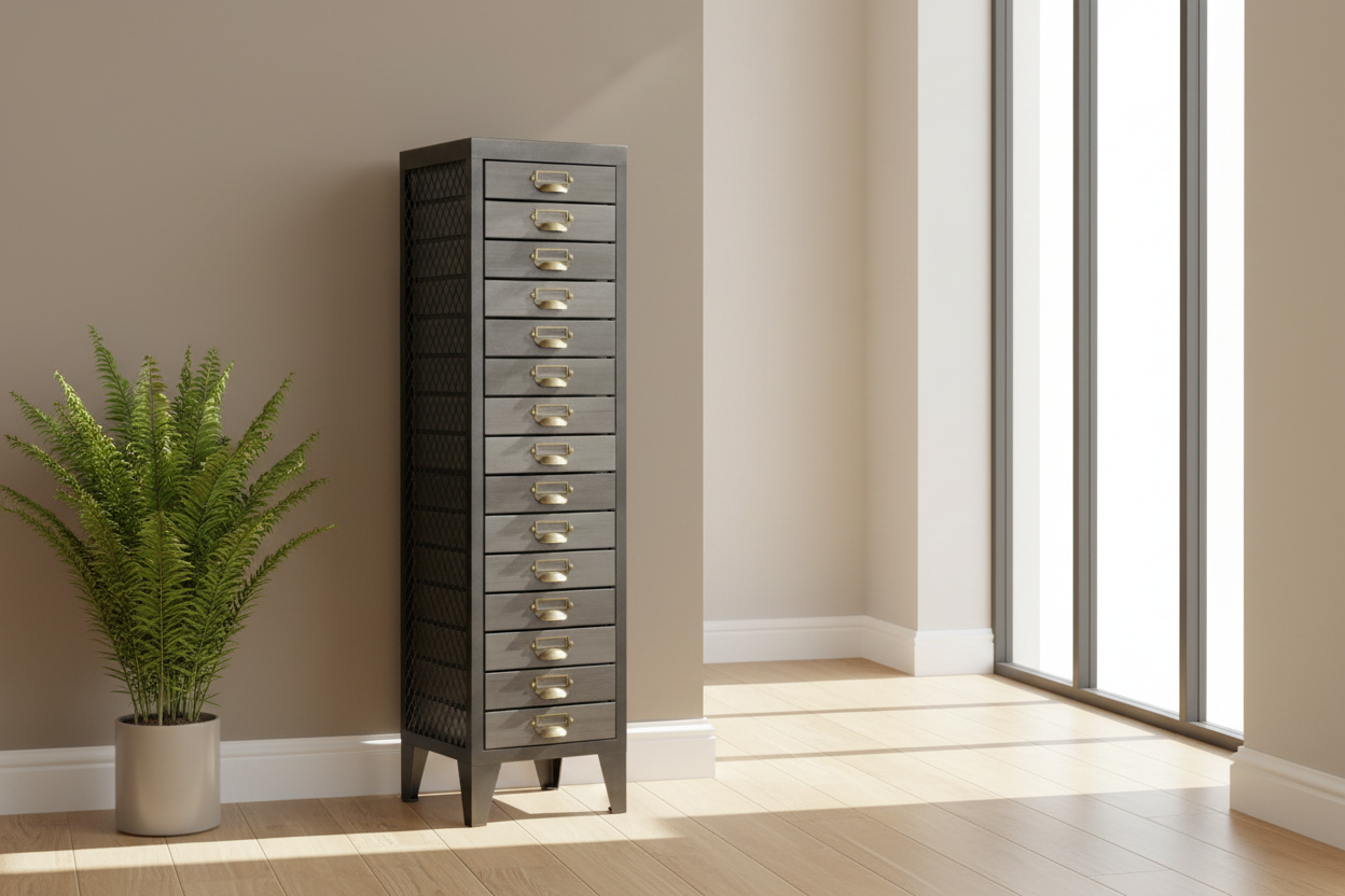 Tall gray jewelry cabinet with multiple drawers in a room with a plant and large window.
