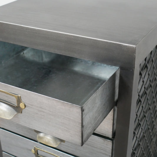 Metallic side table with open drawer and textured surface