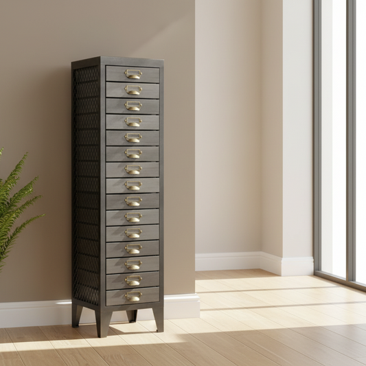 Tall gray dresser with gold handles in a room with a window and plant.