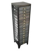 Tall gray metal drawer unit with multiple drawers on a white background