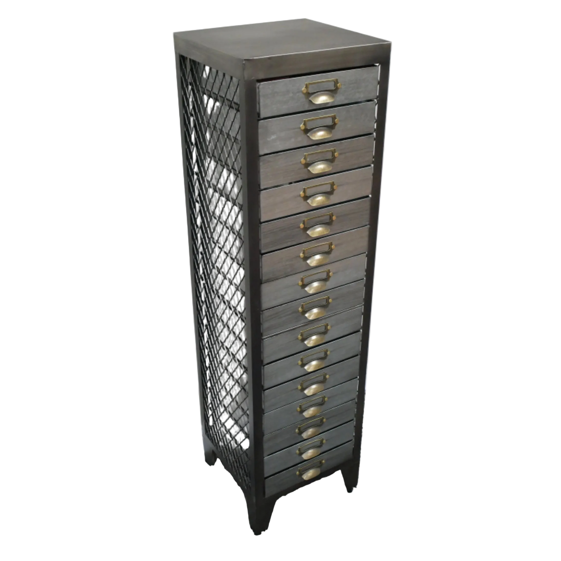 Tall gray metal drawer unit with multiple drawers on a white background