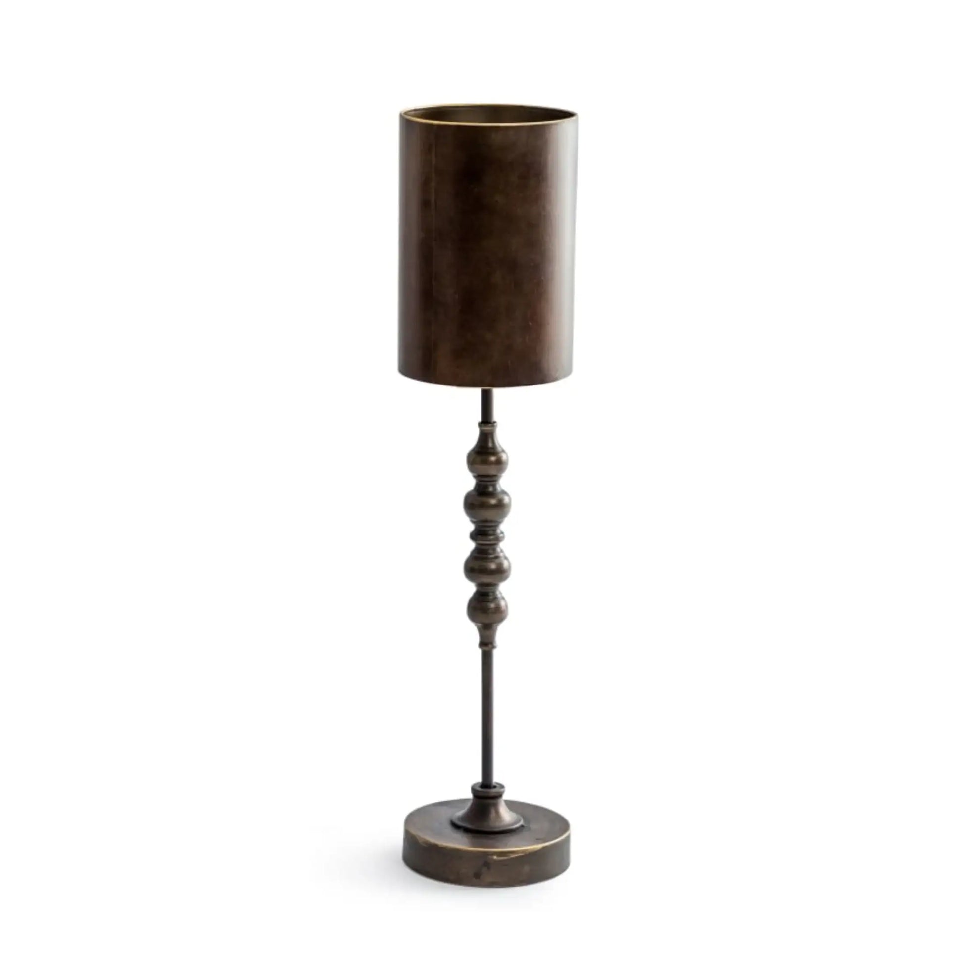 Bronze-colored floor lamp with a cylindrical shade on a white background