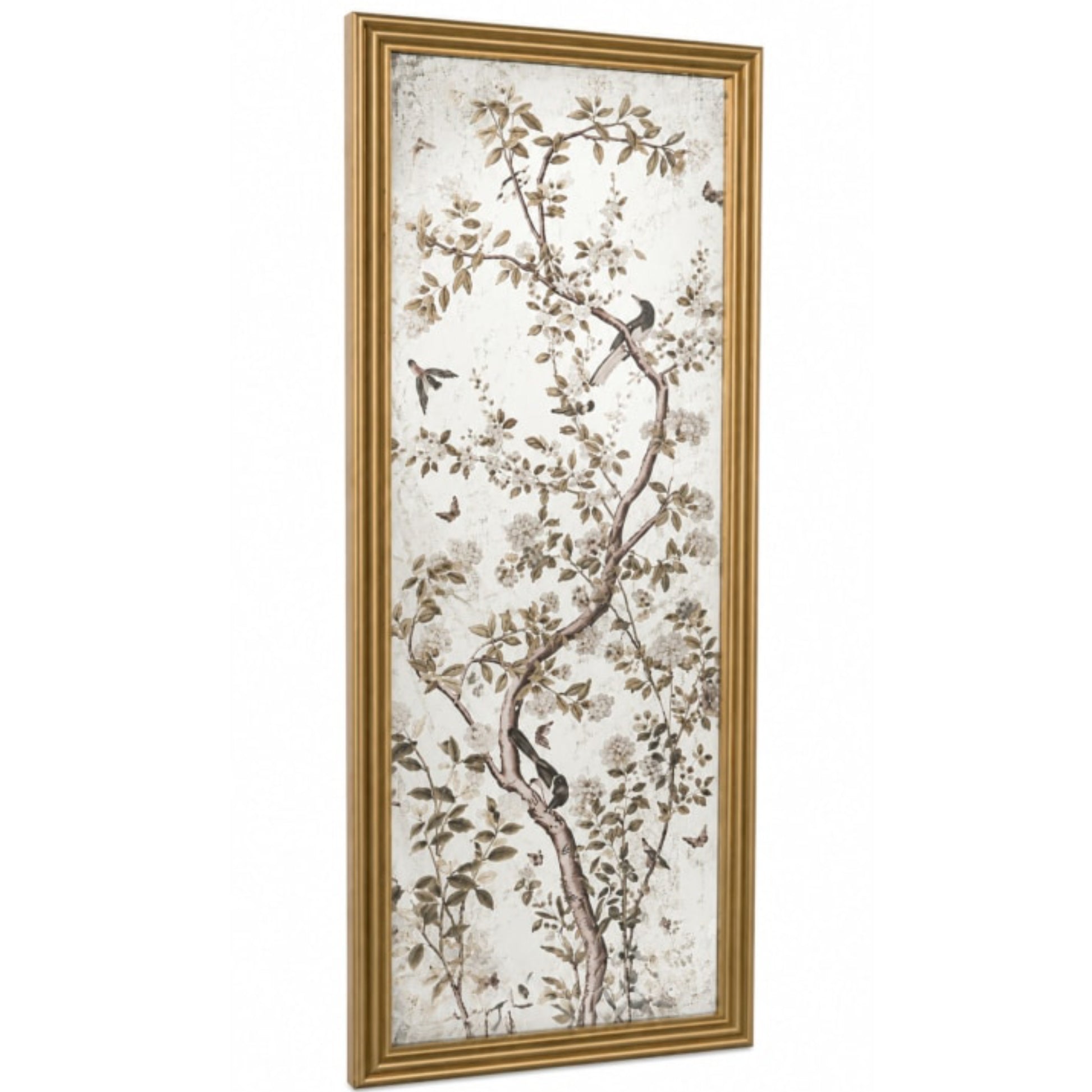 A tall, narrow framed wall art piece featuring a delicate botanical print of branches, leaves, and birds in muted brown and beige tones on an off-white background, enclosed in a gold frame.