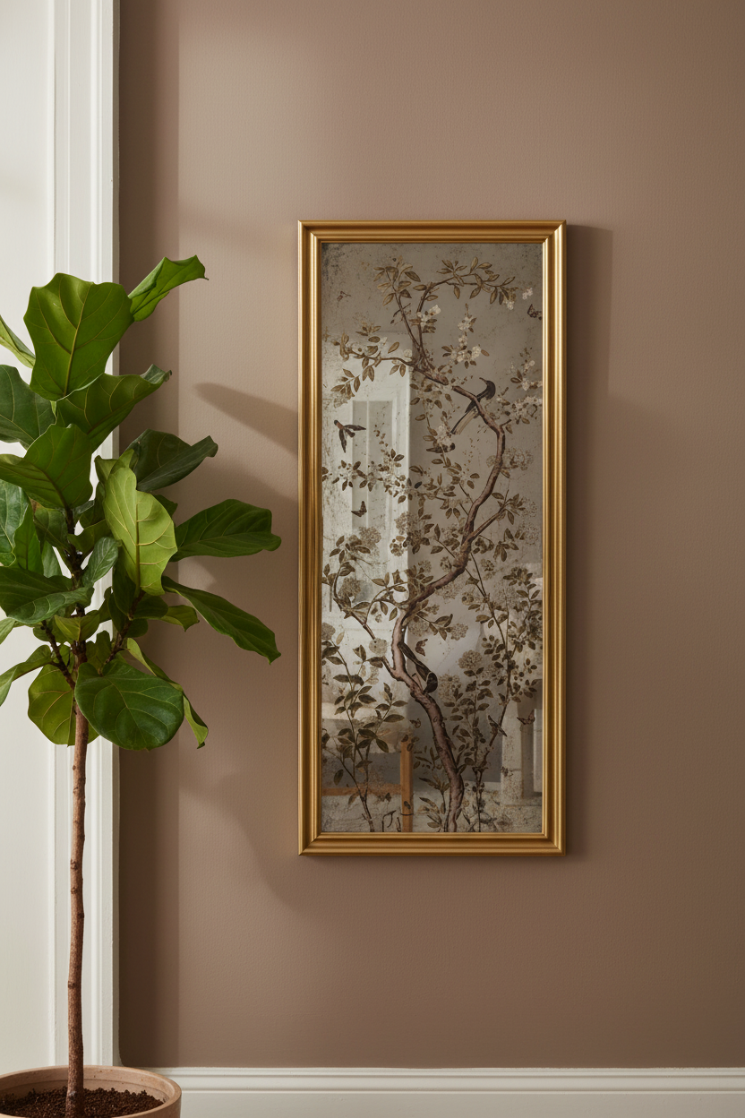 Tall Vintage Gold Bird & Floral Wall Mirror – Decorative Japanese Inspired Rectangular Mirror