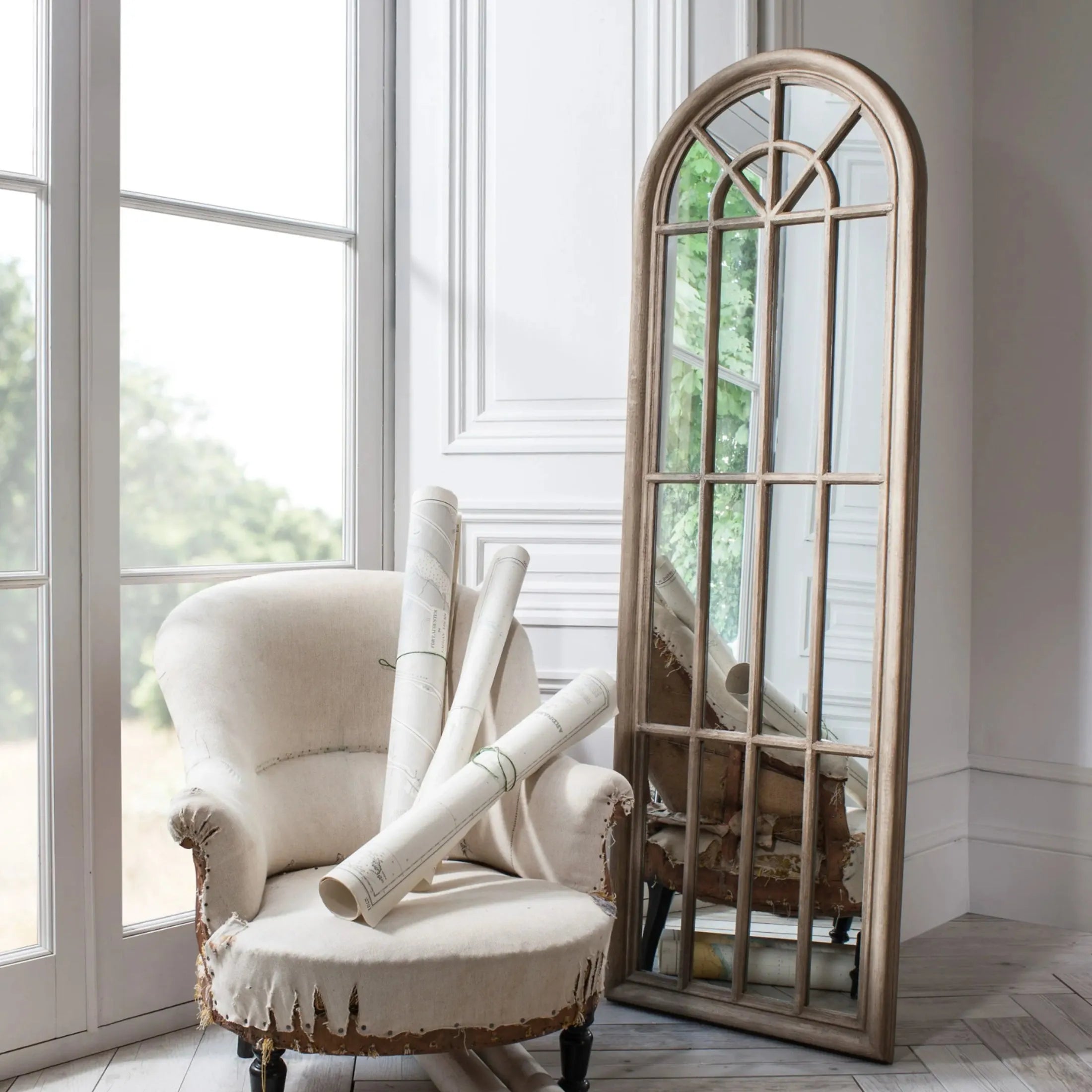Tall Weathered Wood Panelled Window Mirror 2