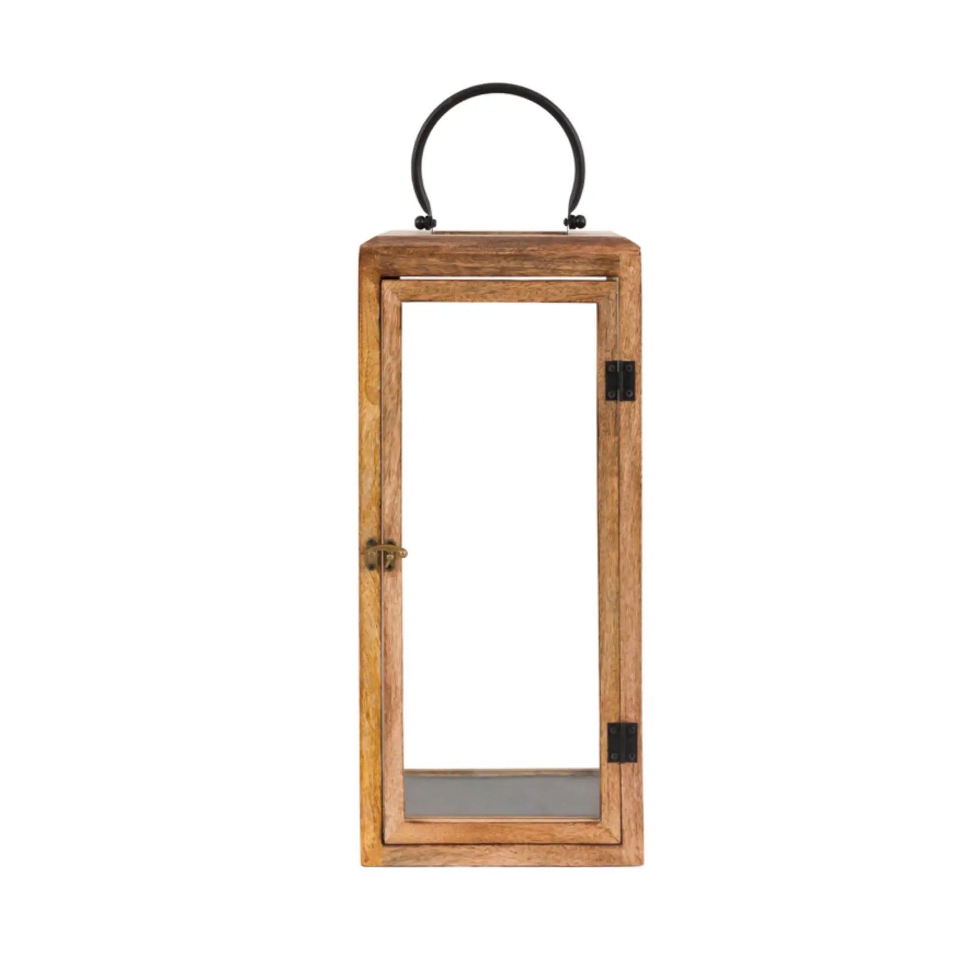 Wooden lantern with a black handle on a white background