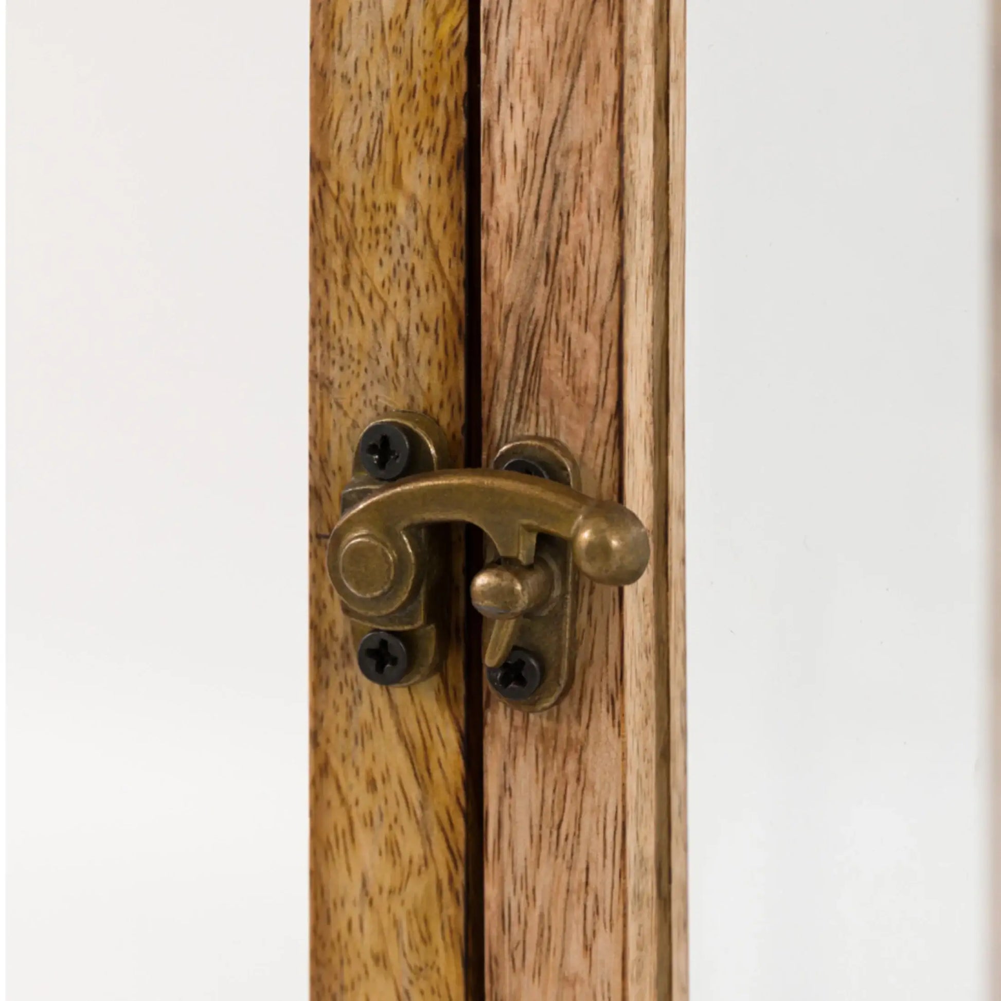 Wooden door with a brass handle on a white background