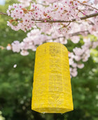 Yellow lace lantern hanging in front of cherry blossom branches