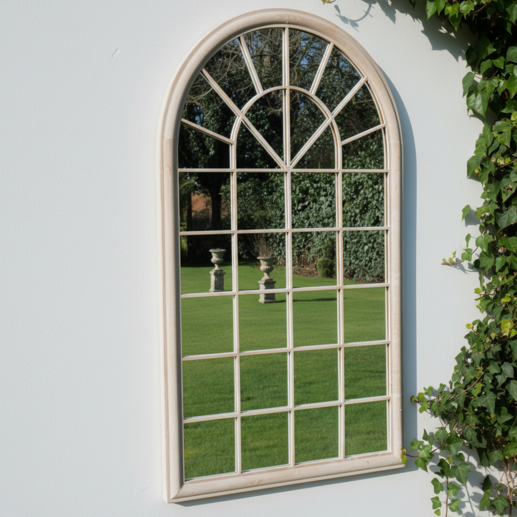 Arched window mirror on a white wall with greenery