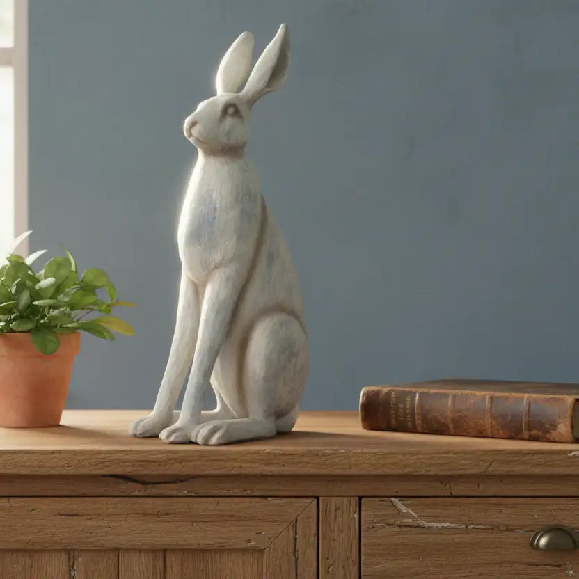 Decorative rabbit statue on a wooden surface with a plant and book in the background.