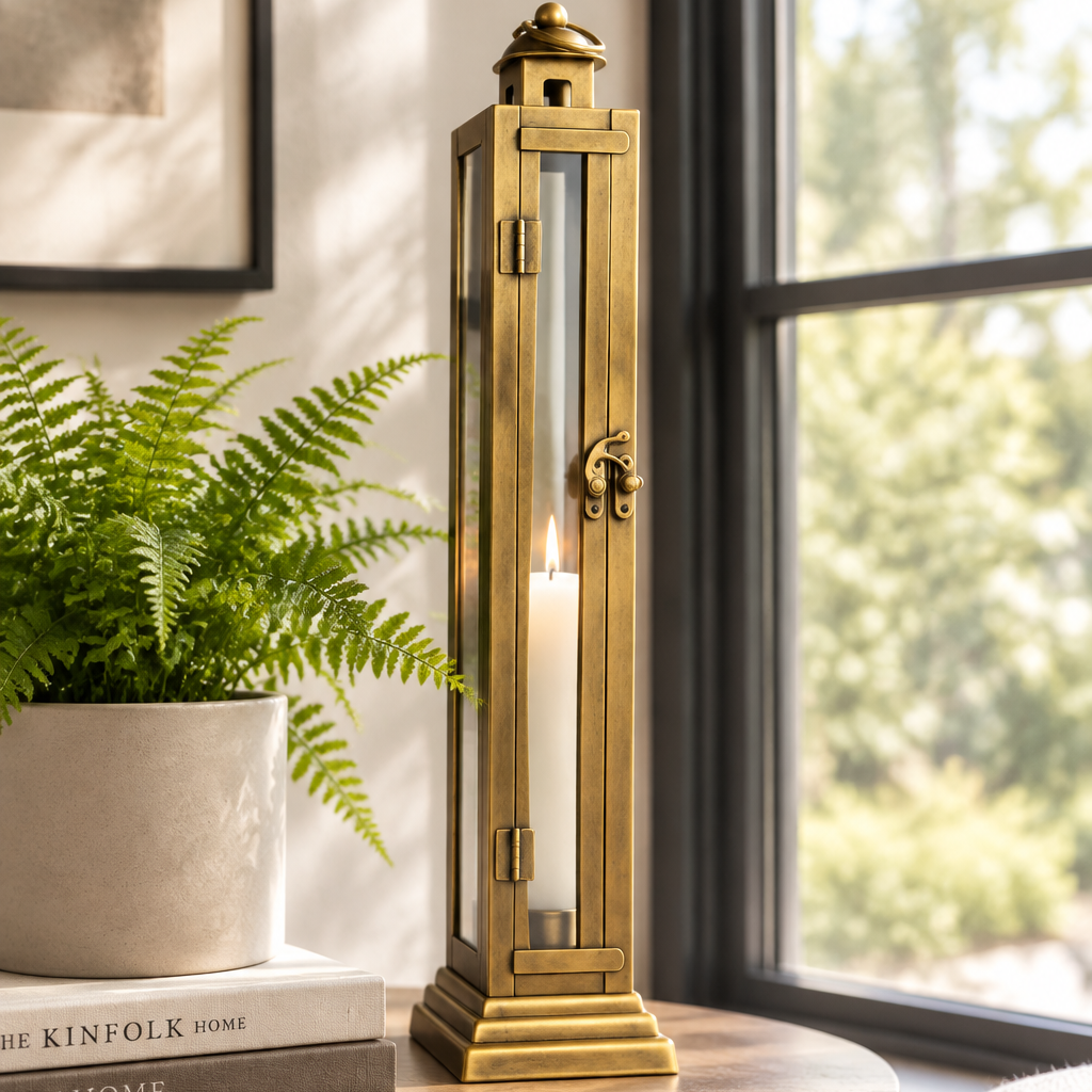 Tall Slim Antique Brass Candle Lantern
