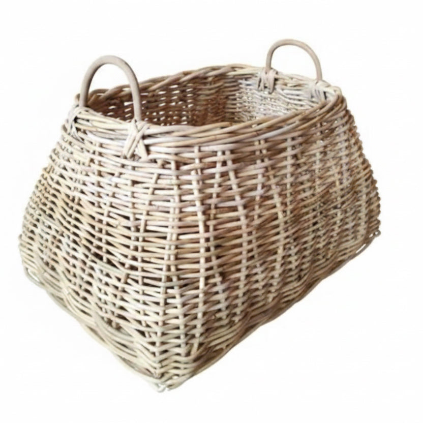 Wicker basket with handles on a white background