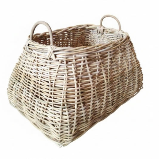 Wicker basket with handles on a white background