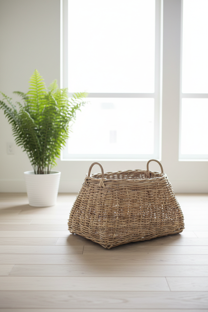 Wicker basket on a wooden floor with a potted plant in the background
