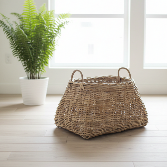 Wicker basket on a wooden floor with a potted plant in the background