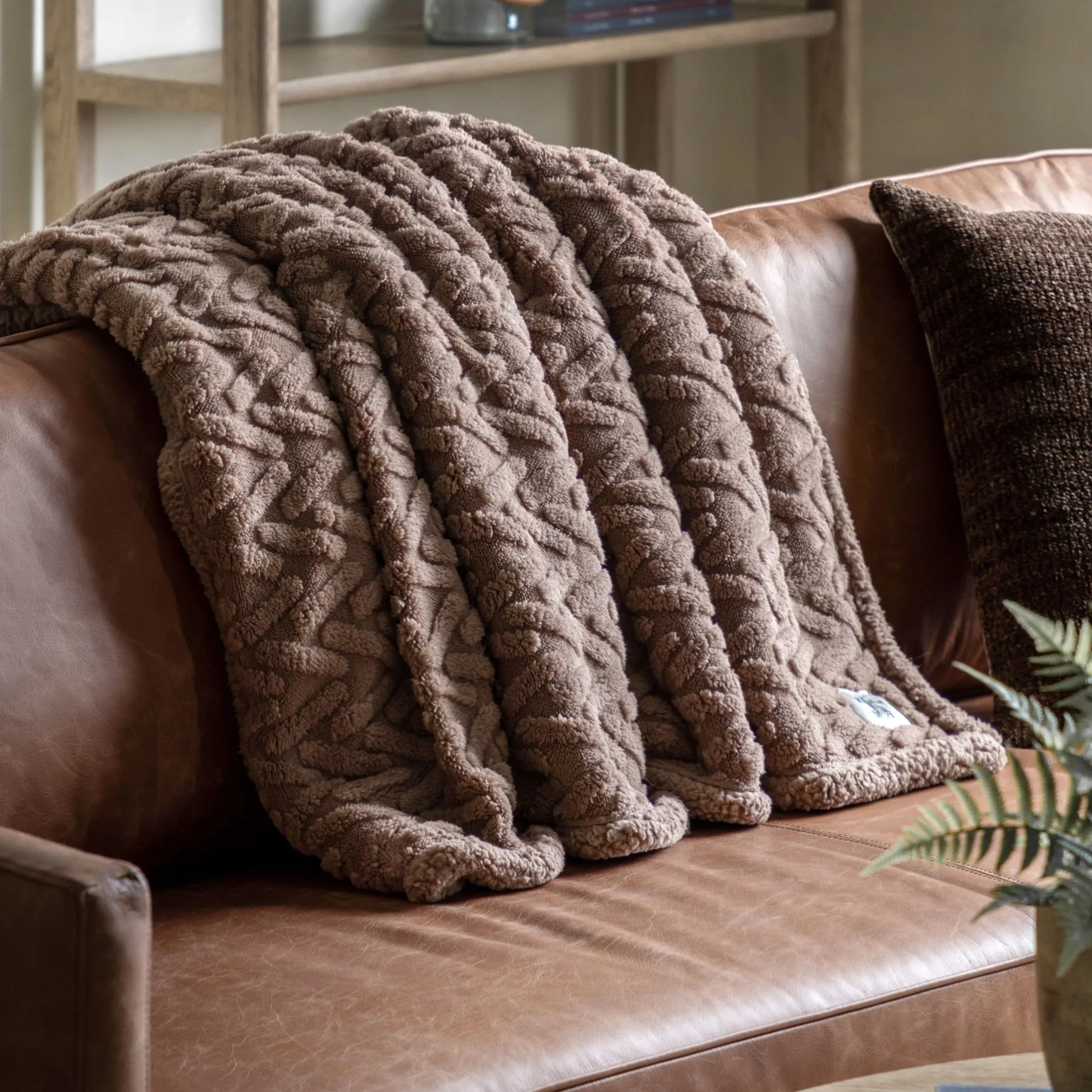 Taupe Herringbone Faux Fur Throw