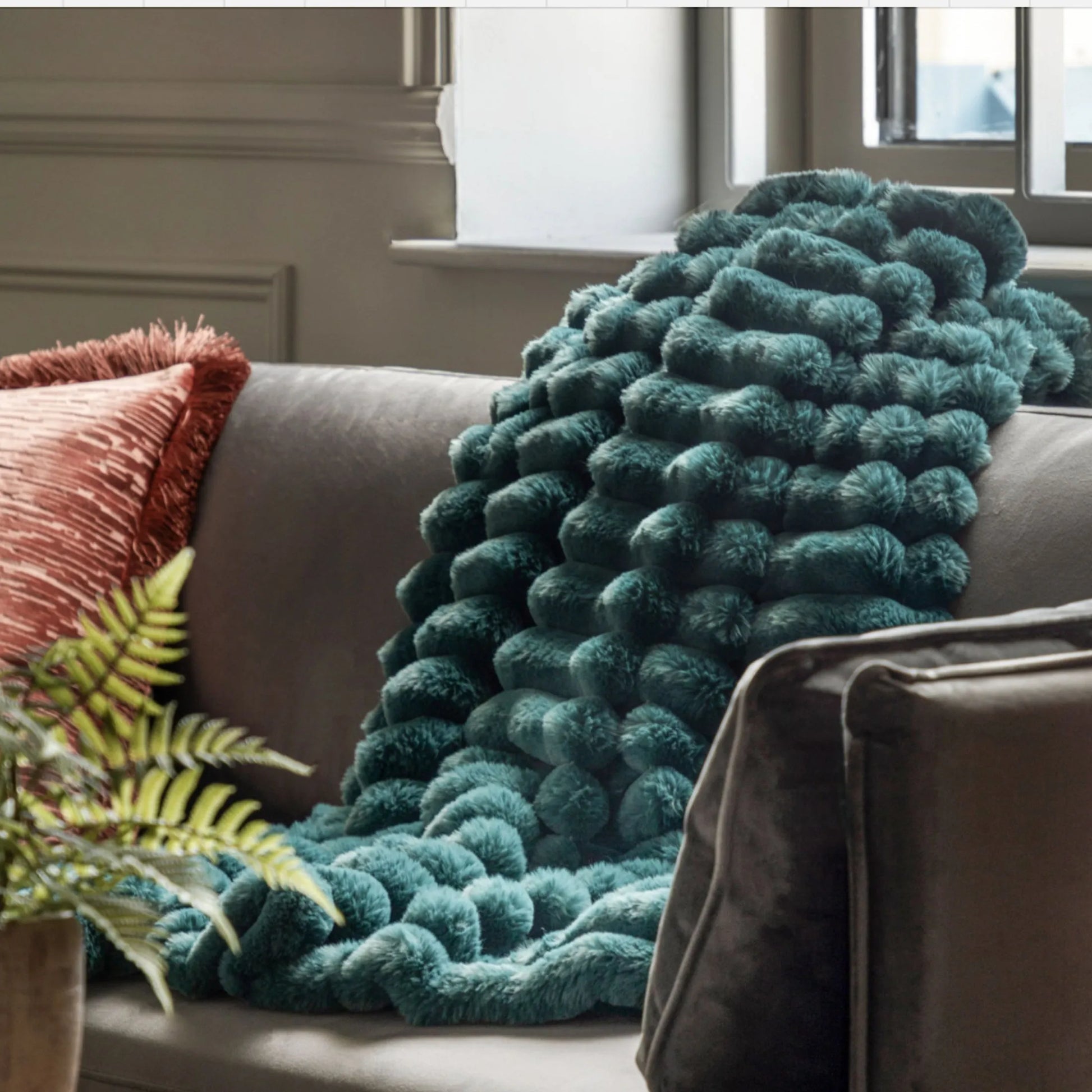 Teal Ribbed Faux Fur Throw