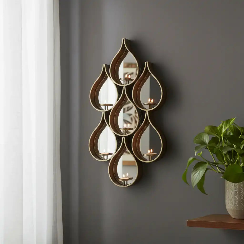 Decorative metal wall art with wavy, teardrop shapes on a white background
