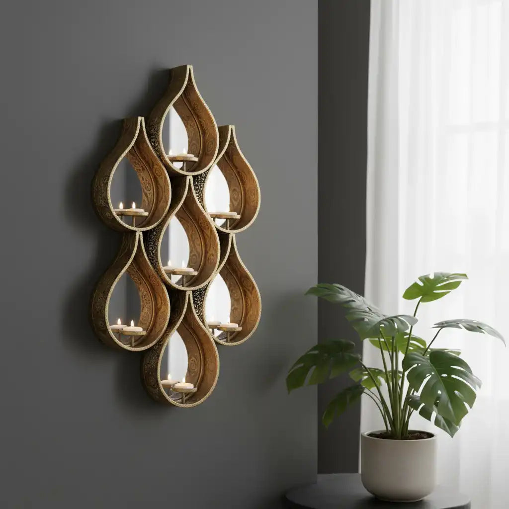 Decorative wall art with teardrop-shaped candle holders on a gray wall with a plant in the foreground.