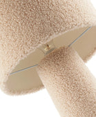 Beige sherpa fabric lampshade with a brand logo on a white background