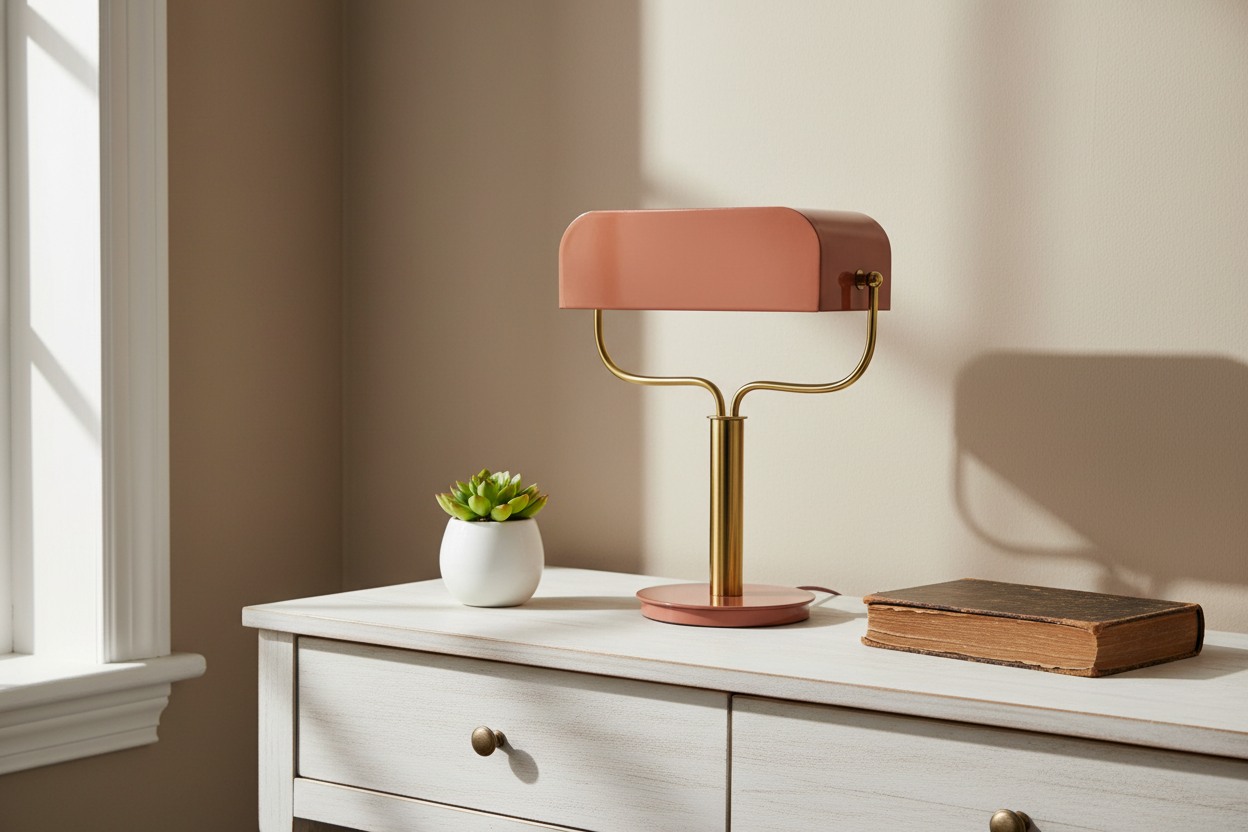 Pink table lamp on a white dresser with a plant and book in a softly lit room.