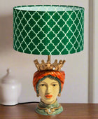 Decorative lamp with a green patterned shade on a wooden surface.