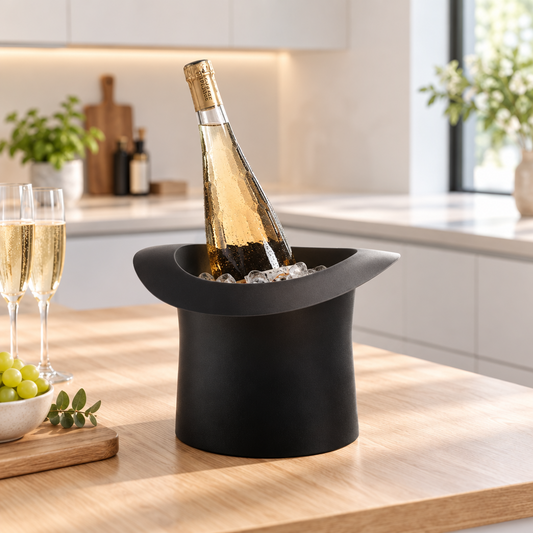 A black top-hat-shaped ice bucket on a wooden kitchen counter, holding a sparkling wine bottle and ice. Two filled champagne flutes, a bowl of green grapes, and a cutting board with greenery sit to the left, with a bright modern kitchen in the background.