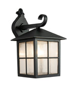 Black outdoor wall light fixture with decorative elements on a white background