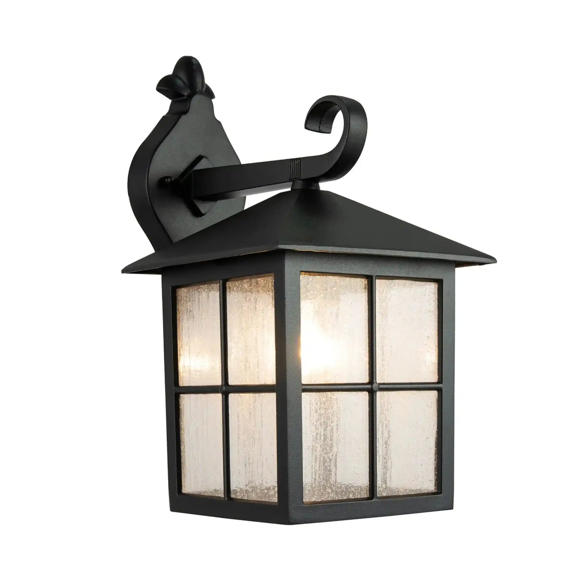Black outdoor wall light fixture with decorative elements on a white background