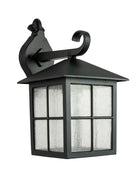 Black outdoor wall light fixture with glass panels on a white background