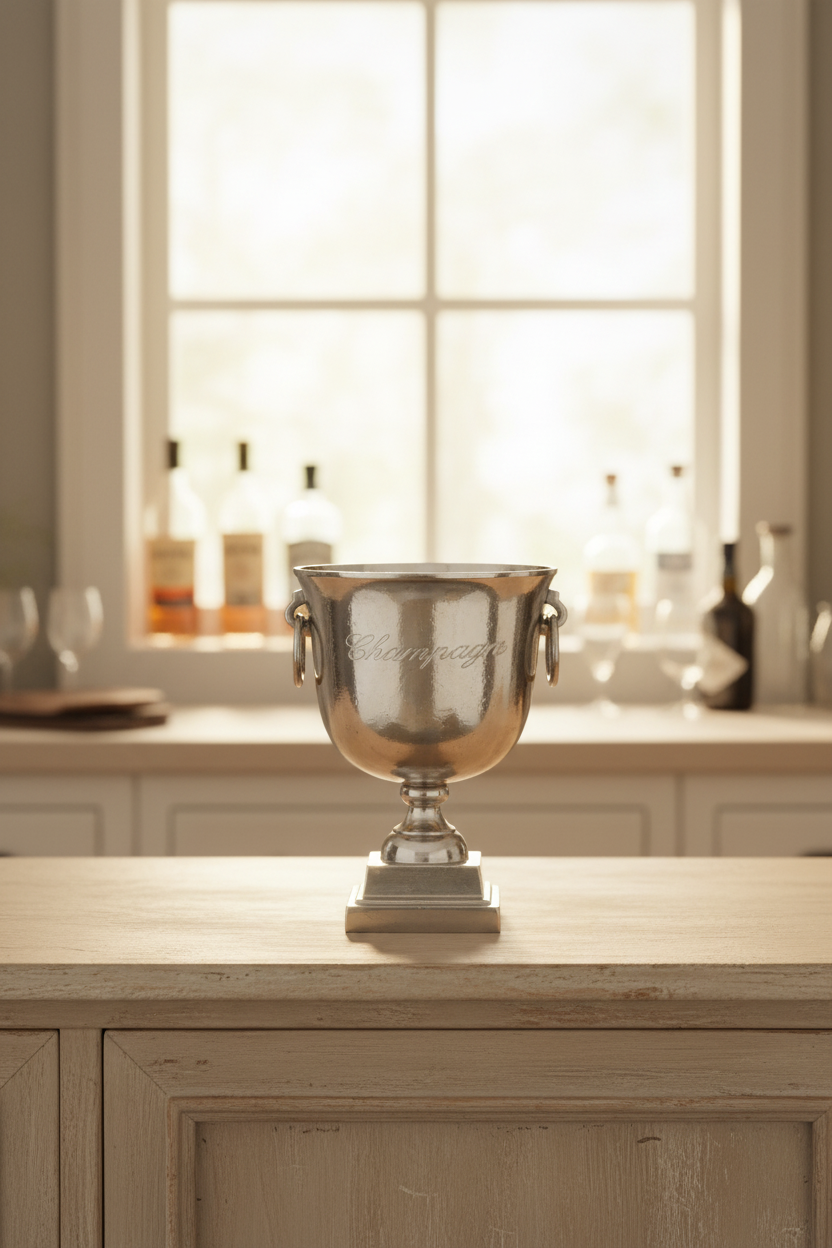 Silver trophy on a wooden surface with a blurred background of bottles and glasses.