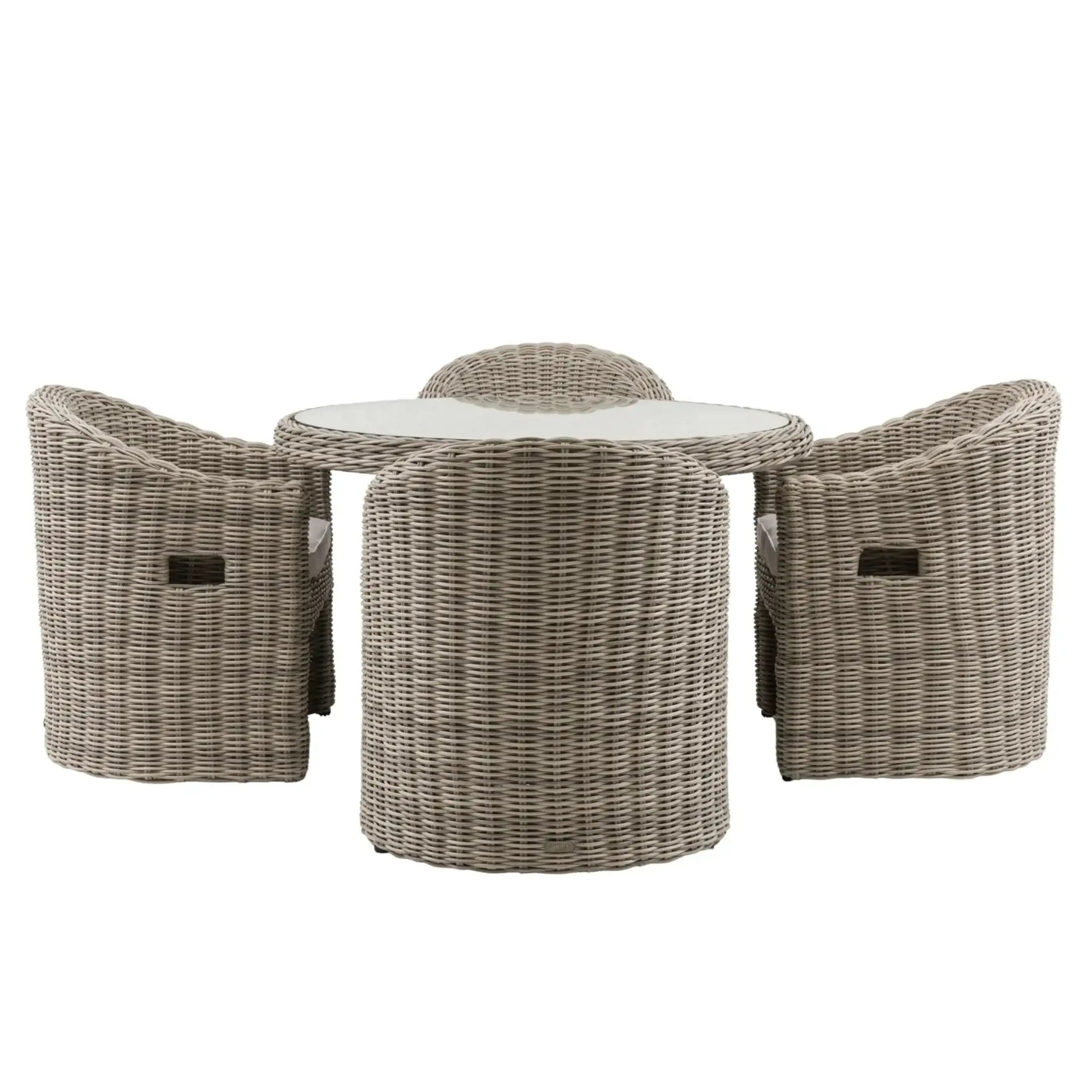 Wicker outdoor furniture set with table and chairs on a white background