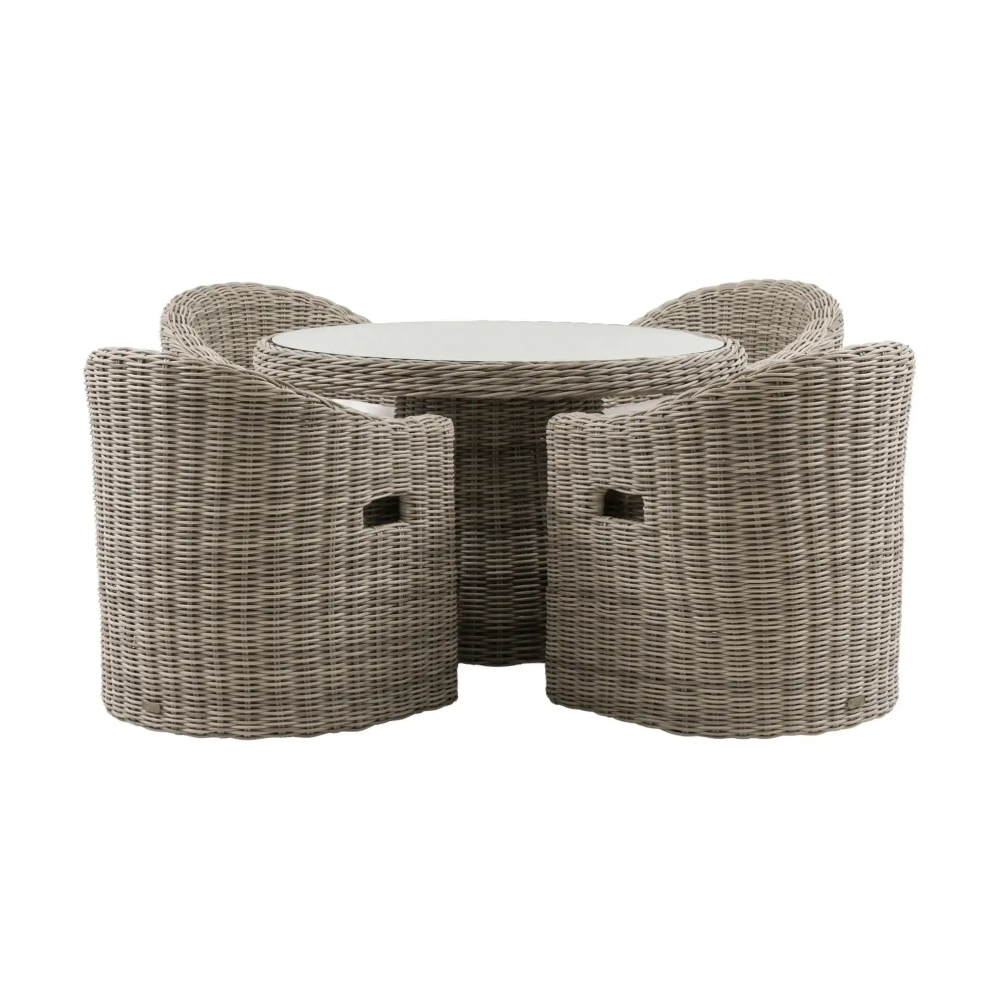 Wicker outdoor furniture set with a round table and four chairs on a white background