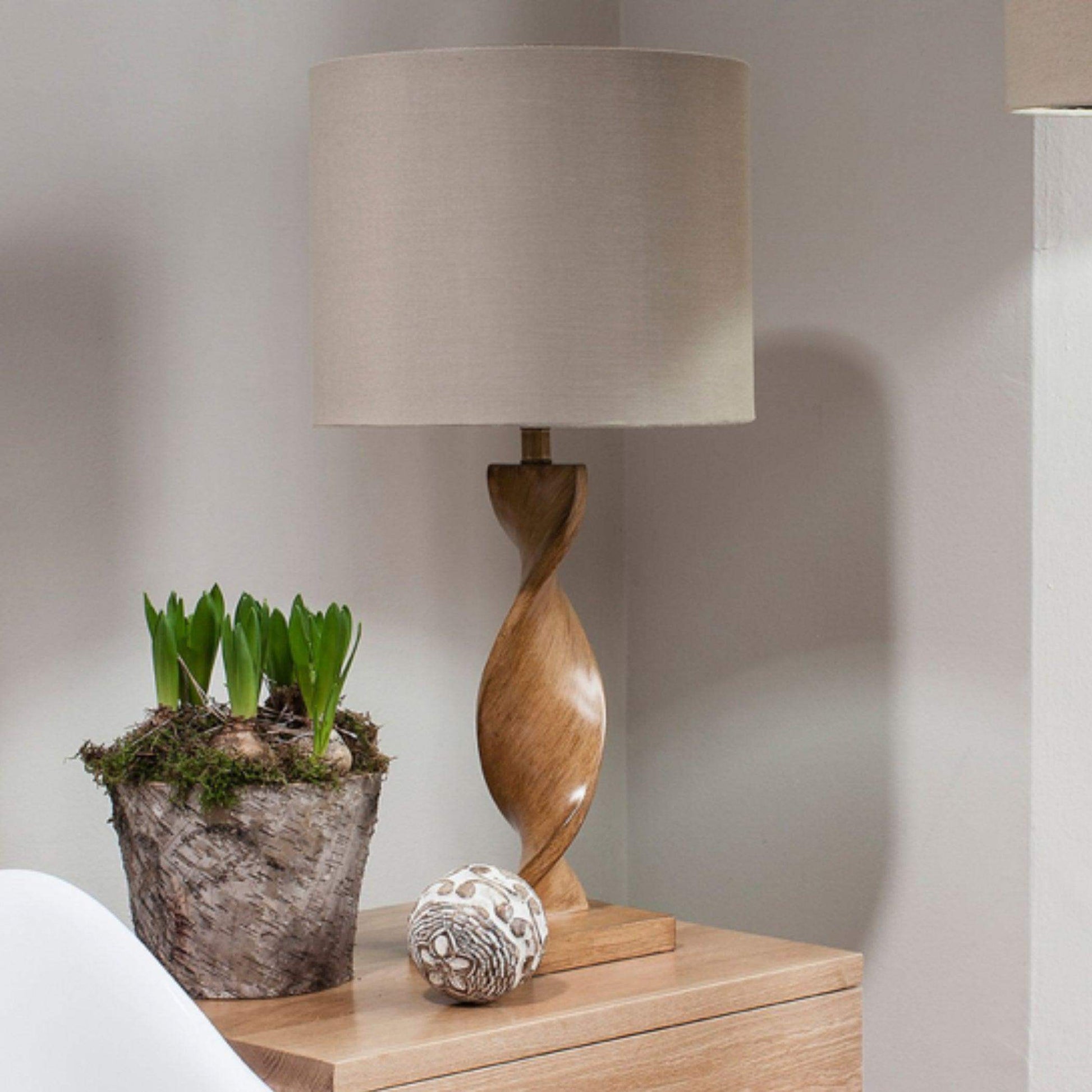 Twisted Wood Effect Table Lamp & Shade - The Farthing