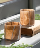 Two wooden-patterned glass tumblers on a windowsill with greenery.