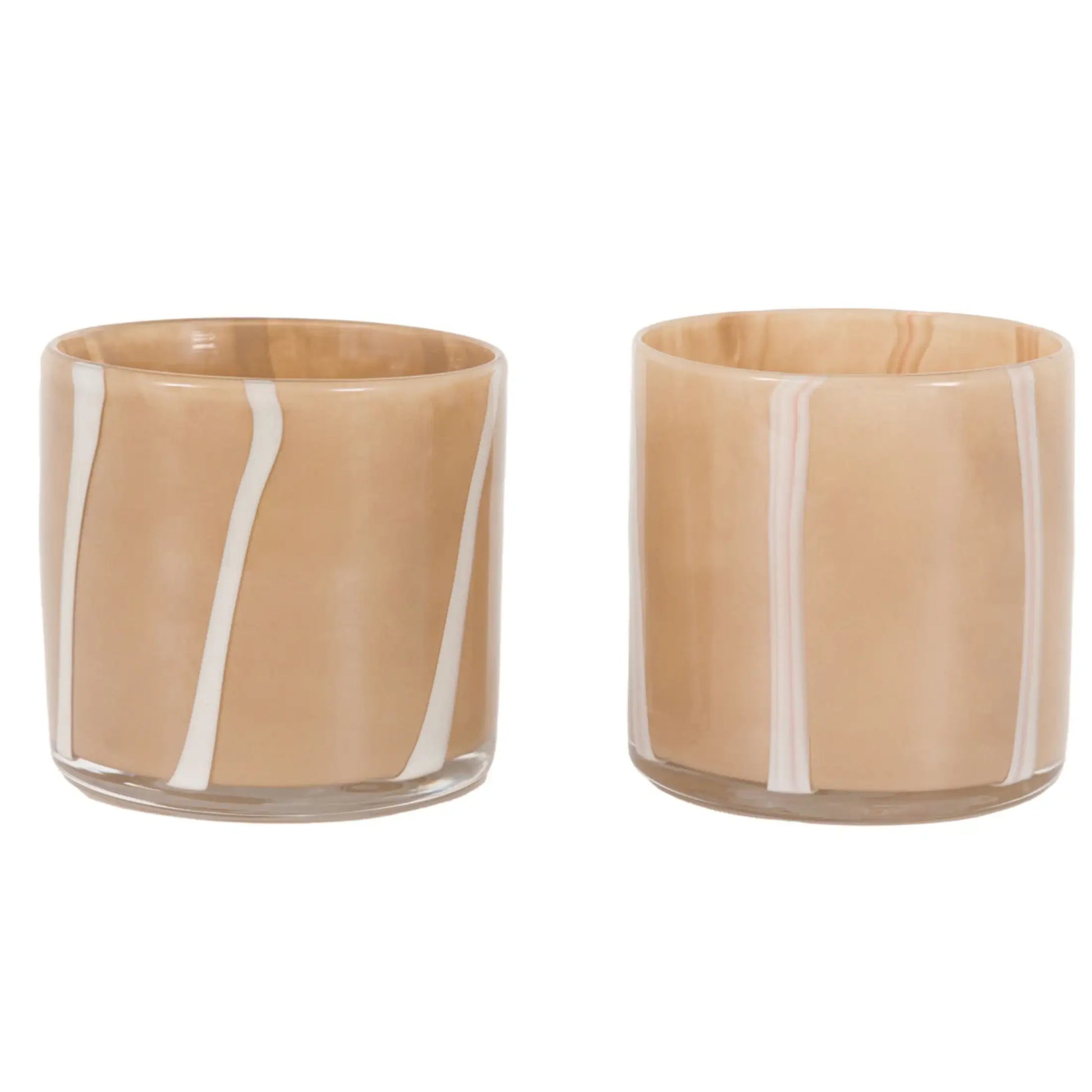 Two glass tumblers with beige bodies and white stripes on a white background